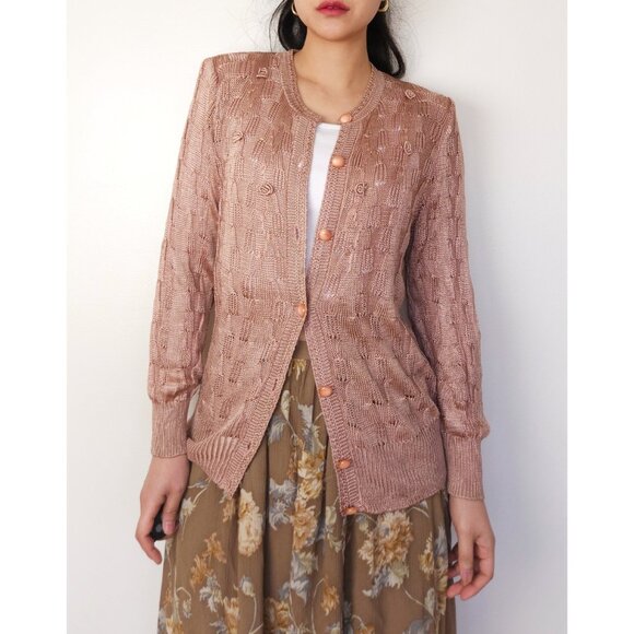 90s vintage silk pointelle embroidered knit cardigan dusty pink - Picture 13 of 13
